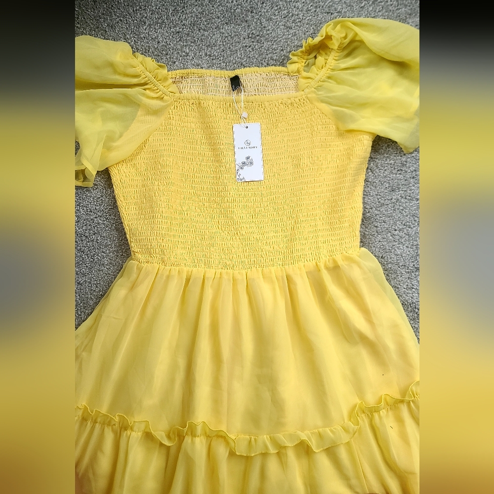 Yellow Smocked Dress with Puff Sleeves